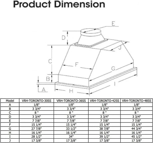 36" Vesta Toronto 1000 CFM Stainless Steel Insert