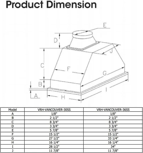 30" Vesta Vancouver 900CFM Stainless Steel Insert Range Hood