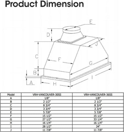 30" Vesta Vancouver 900CFM Stainless Steel Insert Range Hood